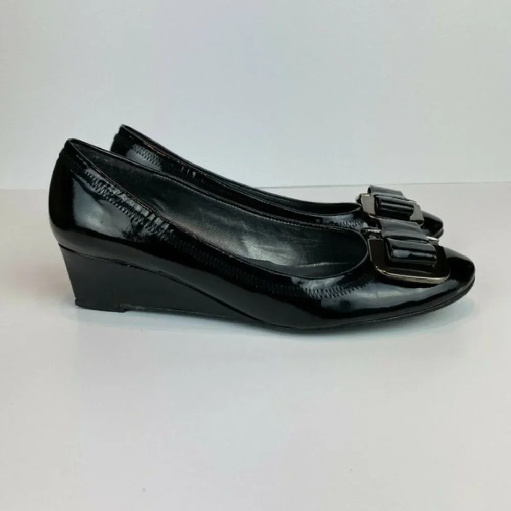 Stuart‎ Weitzman Wedge Heels 5.5 Black Patent Leather Silver Bow Office Career - Picture 2 of 11